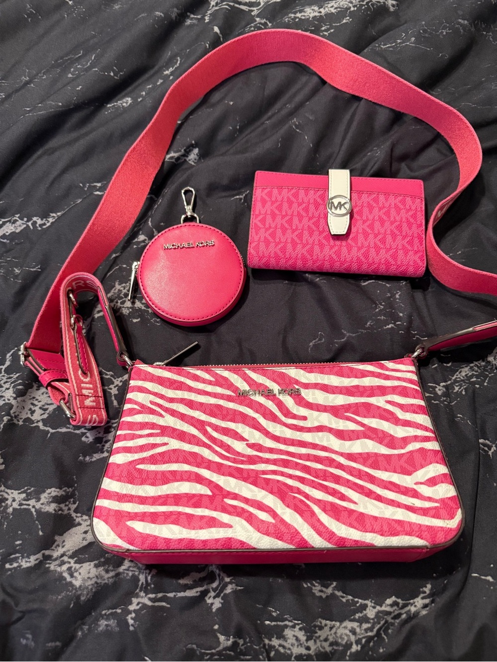 Michael Kors Bright Pink Zebra-Print Crossbody Set with Wallet & Coin Pouch